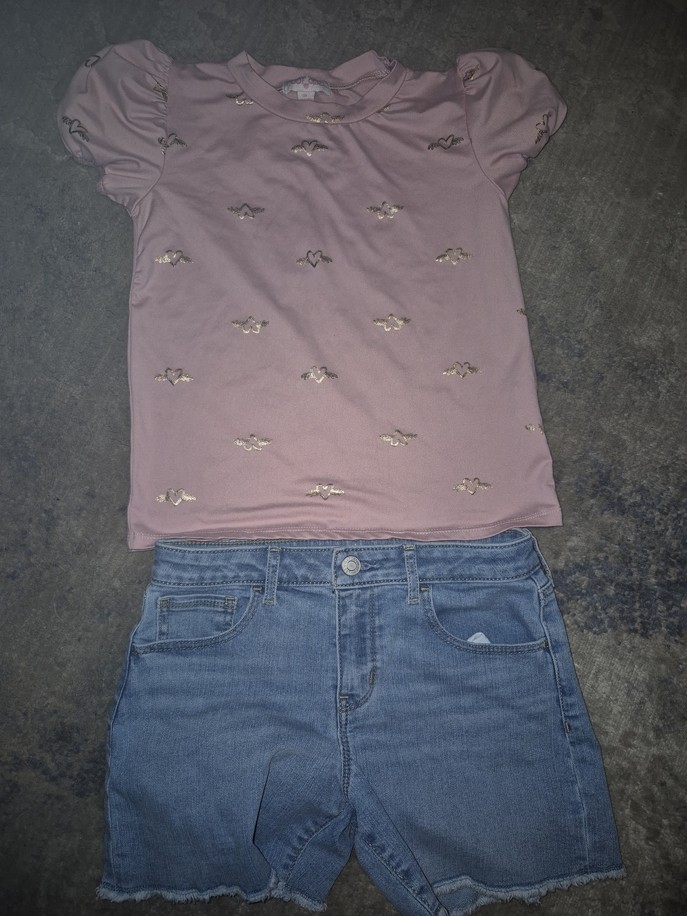 2 For 1! Girls Pink Puff Sleeve Top with Gold Heart Accents And Gap Jean Shorts